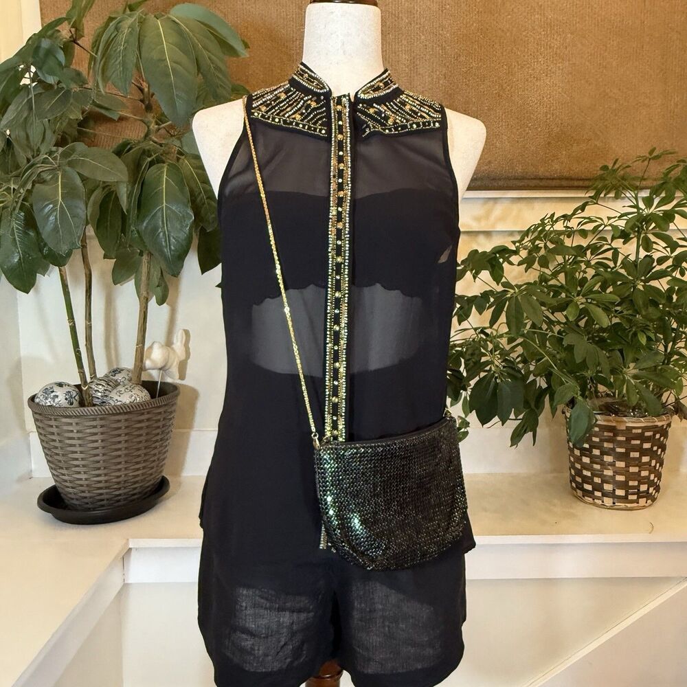 Vintage 90s Guess‎ Los Angeles Sheer Beaded Top Women's Small Black Glam